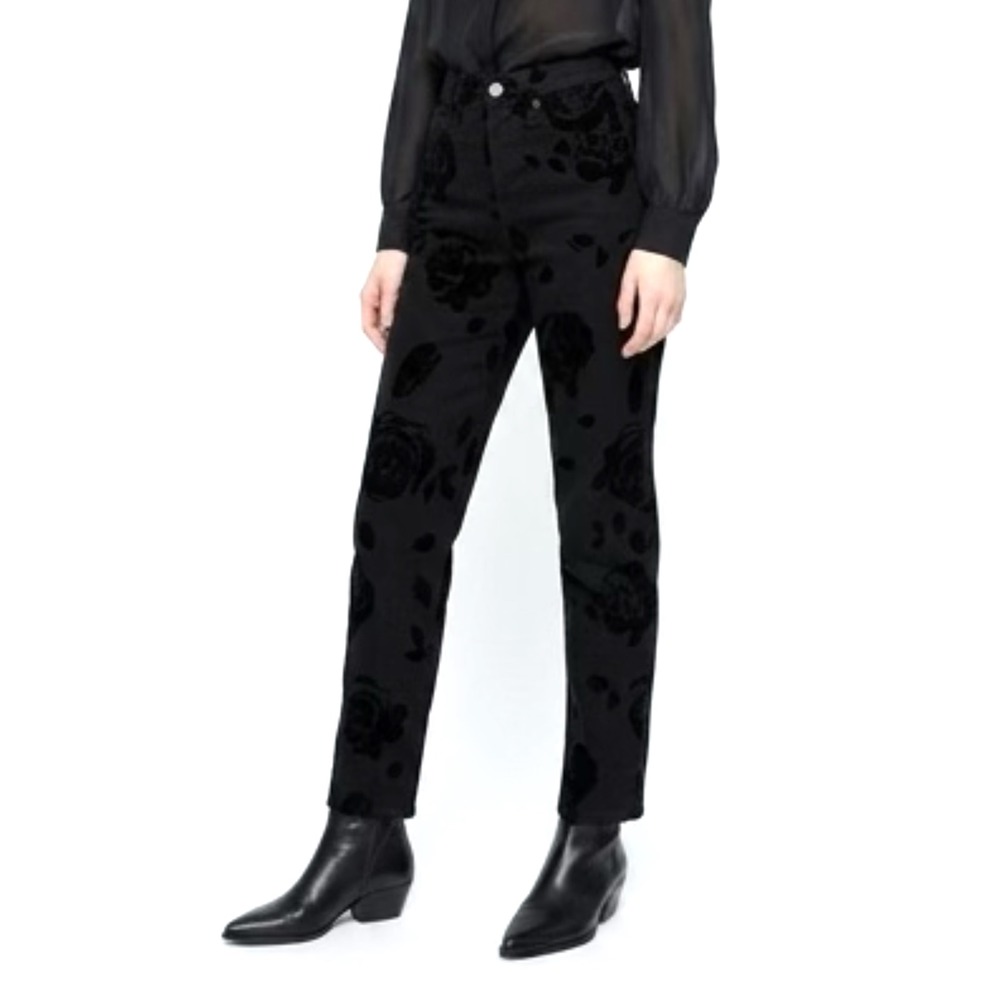Wild Fable Black Floral Flocked Velvet Rose High Rise Straight Leg Jeans Size 00